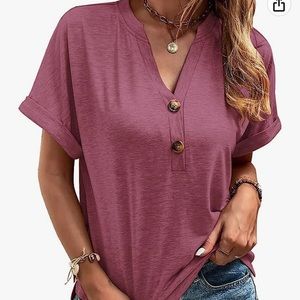 V-Neck Short Sleeve Blouse with Button design.